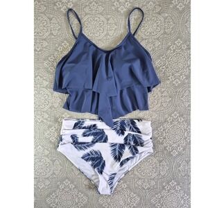 Adisputent Blue Ruffle Tankini Palm Leaf High Waist Swimsuit Set XL New